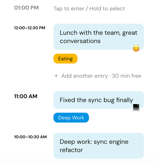 A day in Hourly Journal's list view, with several logged entries stacked close together, each showing a note, a tag and a mood