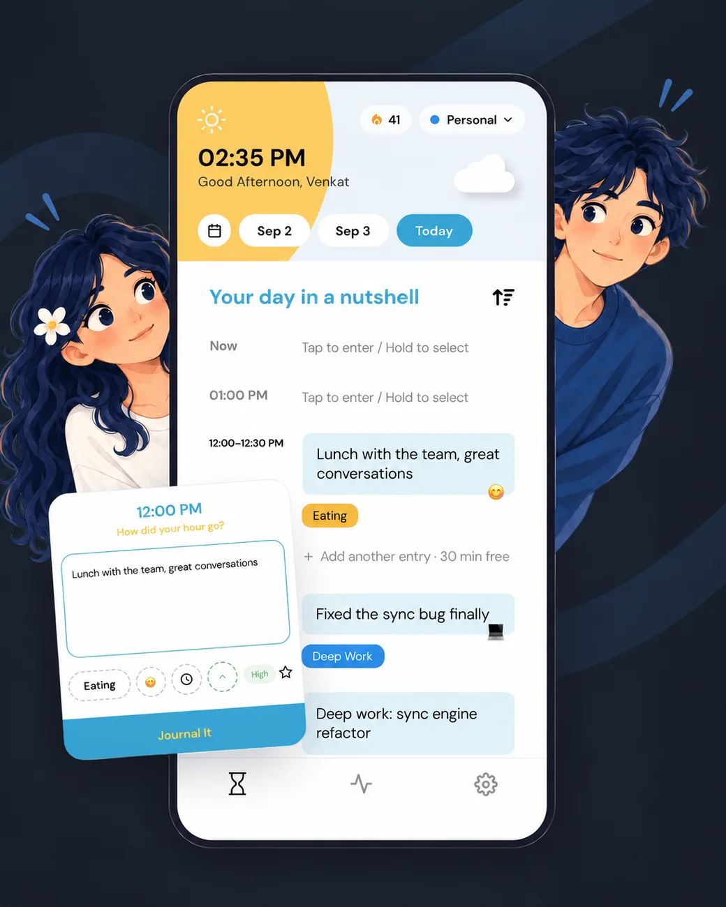 Hourly Journal on a phone — the day laid out hour by hour with 15-minute entries, tags and reactions, and the check-in card open over it