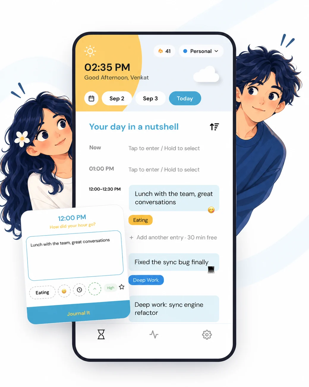 Hourly Journal on a phone — the day laid out hour by hour with 15-minute entries, tags and reactions, and the check-in card open over it