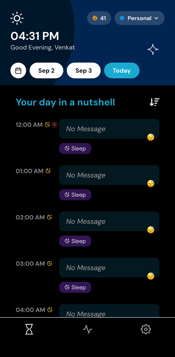 The day list in dark mode, on a true-black background.