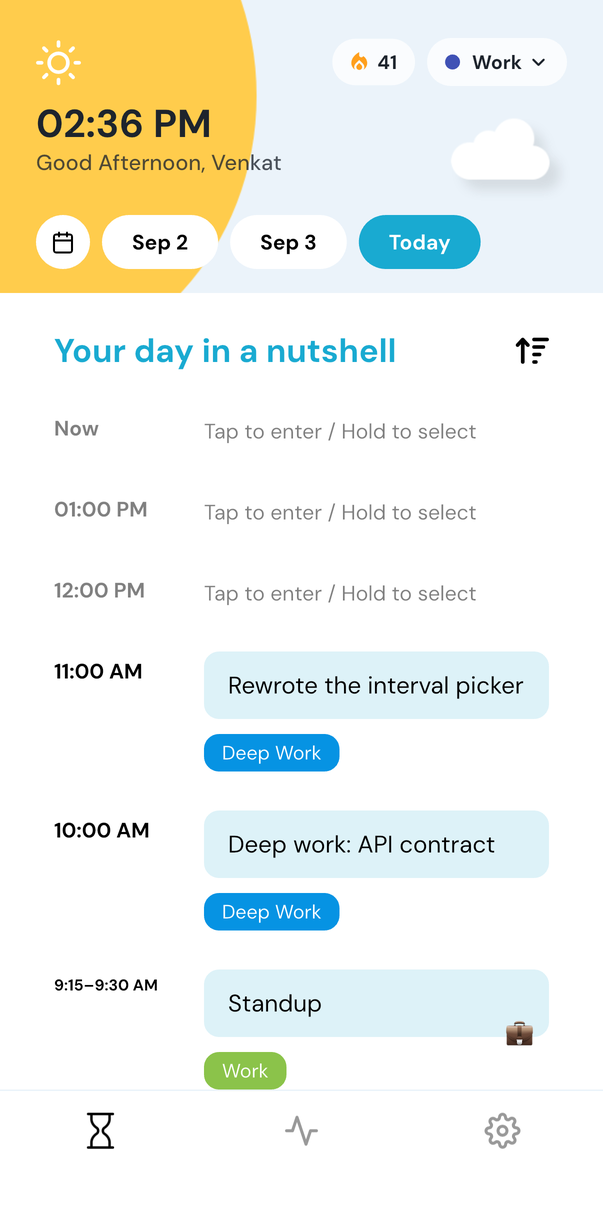 Hourly Journal open on a Work workspace, in its own colour, with the day's logged hours listed below it, separate from a Personal workspace