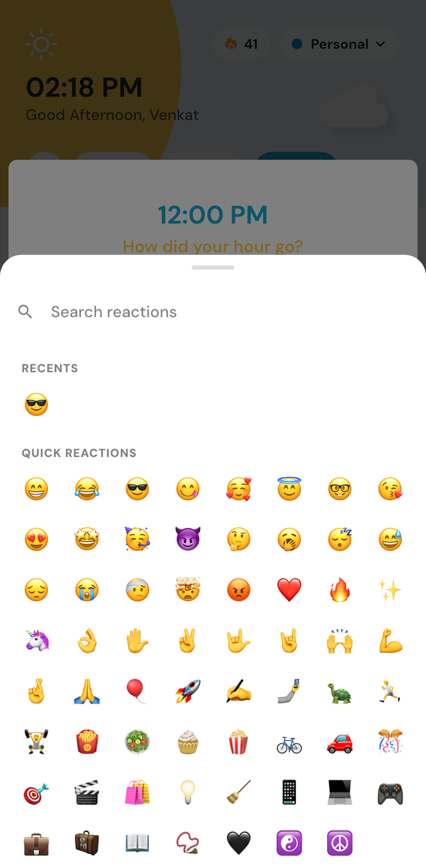 Hourly Journal's mood picker, an emoji grid open beneath a logged hour
