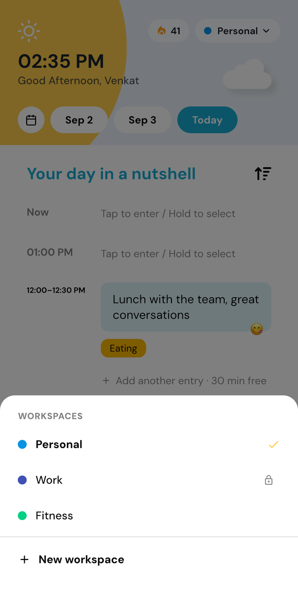 The workspace sheet in Hourly Journal: Personal ticked, Work with a padlock, Fitness, and a New workspace row.